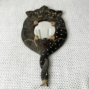 Pier 1 Imports Vintage Hugging Cats Primitive Folk Wood Handheld Hanging Mirror